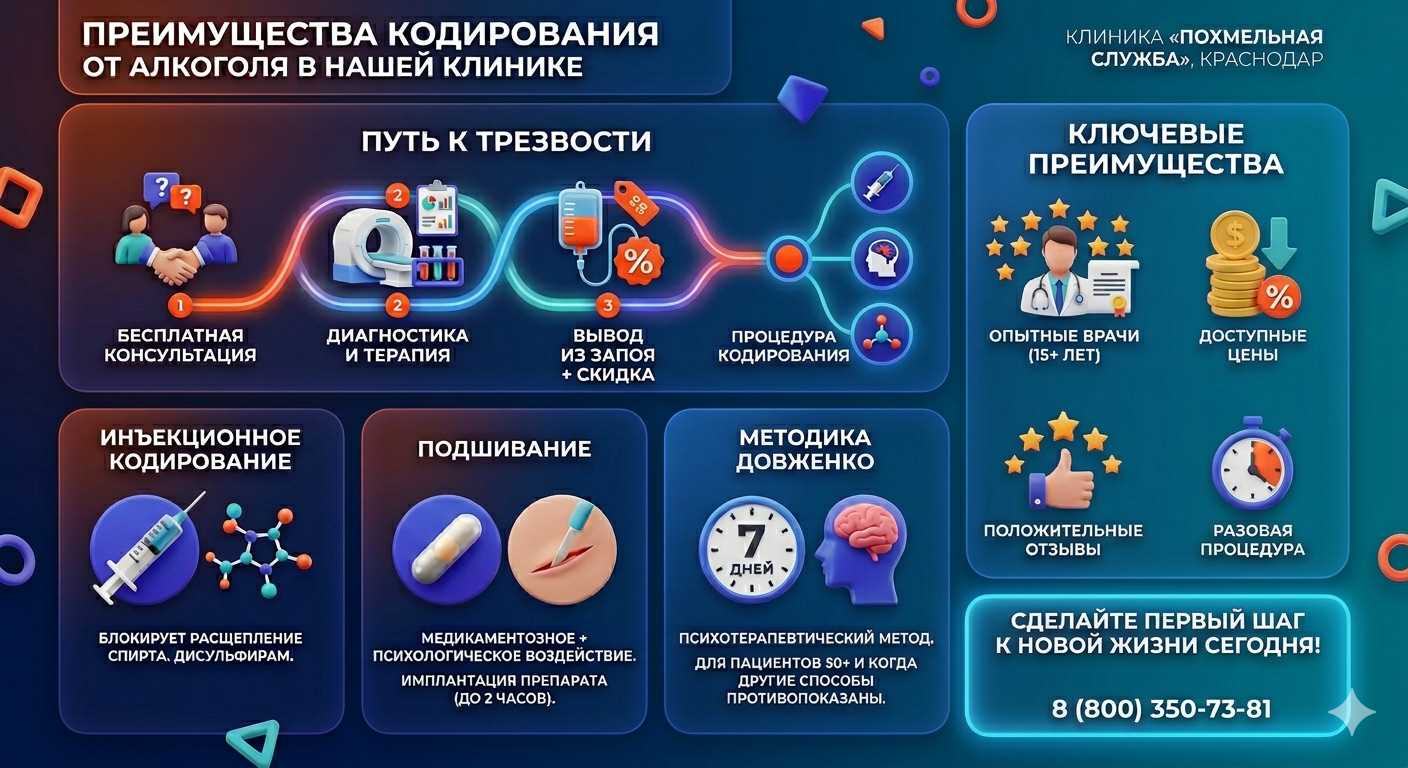Инфографика о методах кодирования от алкоголя в Псебае: инъекции, подшивание, метод Довженко. Преимущества клиники и этапы лечения.