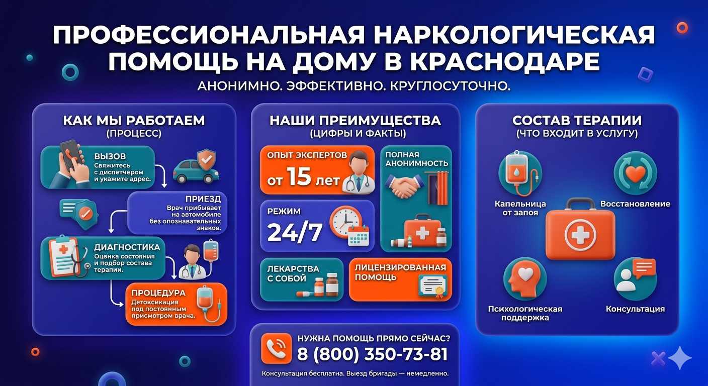 Инфографика о принципах лечения алкоголизма на дому в Псебае: этапы вызова нарколога, преимущества анонимной детоксикации и состав медицинской помощи.